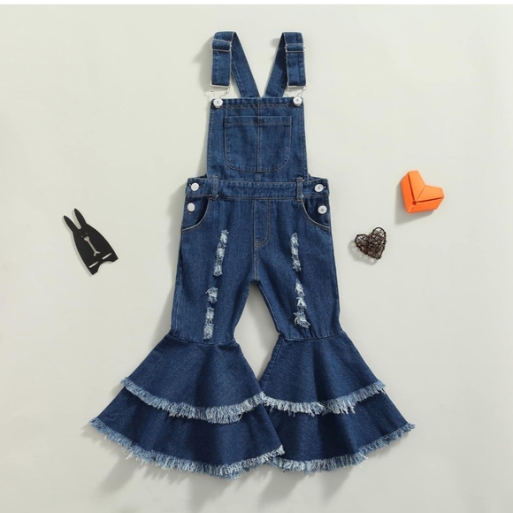 NWT Toddler Flared Distressed Denim Overalls Size 90 (2T/3T) - Picture 2 of 7